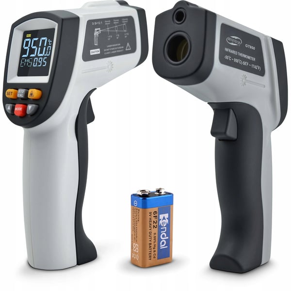 Ikke-kontakt termometer, -50 til +950 °C, justerbar emissivitet, farverig skærm, automatisk nedlukning, ergonomisk design