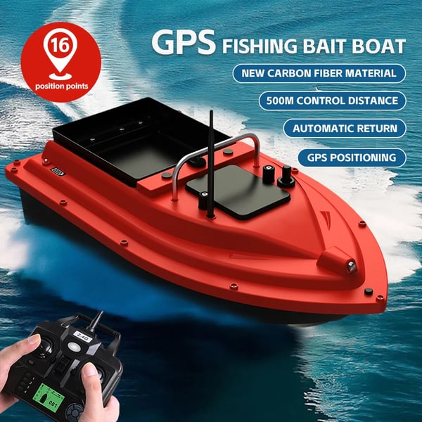 Koukkuvene, GPS-navigointi, Suuri syöttikapasiteetti,D16B-Punainen 12000mAh