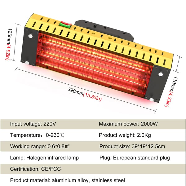 Infrarød Tørringslampe, 2000W Effekt, Halogenlampe Teknologi,DT-003