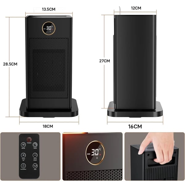 Keramisk Blæservarmer, 1500W Effekt, 90° Svingning, 15-45 °C Temperaturinterval, Timer 1-12 Timer, Luftfugterfunktion