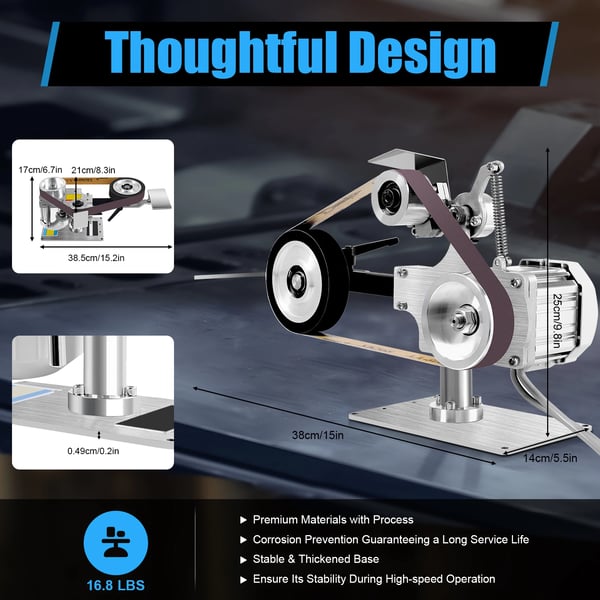 Bältslip, 550W Effekt, 5000 RPM Hastighet, 762 x 25 mm Bältsstorlek, Kompakt Design, Justerbart Arbetsbord