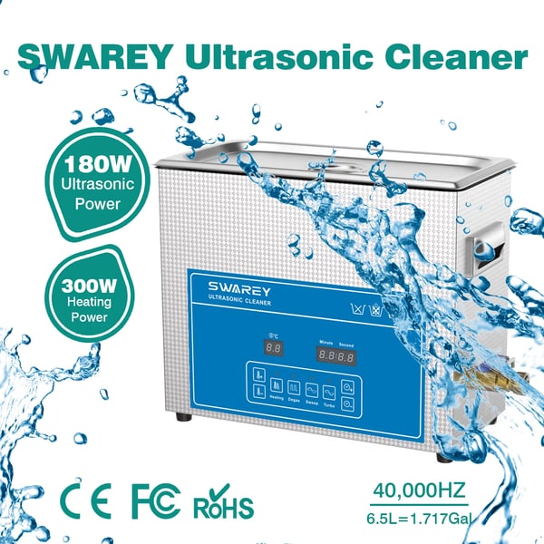 Ultralydsrenser med 6,5L kapacitet, 180W strømforbrug, 300W varmeeffekt, 40.000 Hz frekvens og 0-99 minutters timer