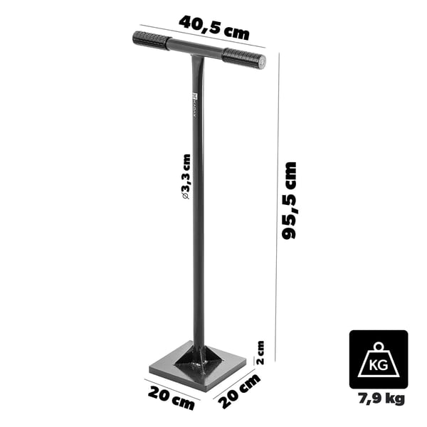 Kompaktori, 20 cm levy, 95,5 cm varren pituus, 3,3 cm akselin halkaisija, 9 kg paino, maalle ja hiekalle