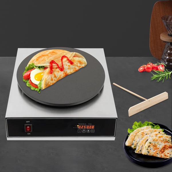 Crepe Maker, 2800W Effekt, 15,74-tommer Overflade Diameter, Rustfrit Stål Konstruktion, Non-Stick Belægning, Justerbar Timer
