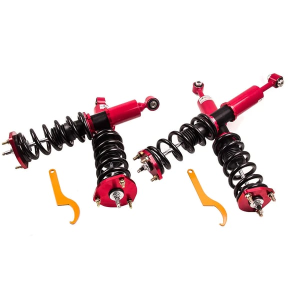 Coilover affjedringssystem, 24-vejs justerbar dæmper, fjederhastighed foran: 12 kg/mm, bag: 10 kg/mm, varelængde: 64 mm, varebredde: 52 mm