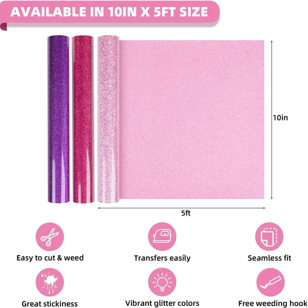 Varmeoverførselsvinyl, Glitterfinish, Nem at Skære,25X150cm(10inX5ft), 12 pakke