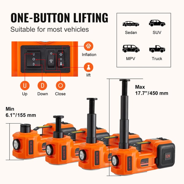 Elektrisk biljek, løftekapacitet 5000 kg, løfteområde 15,5-45 cm, slagmoment 450 N·m, stål konstruktion, kompatibel med sedaner og SUV'er