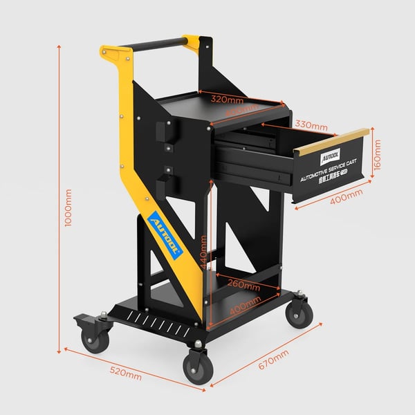 Bilprogrammeringsvogn, Robust stål konstruktion, 100 cm x 50 cm x 90 cm, Understøtter op til 100 KG, Låselige hjul for sikker mobilitet