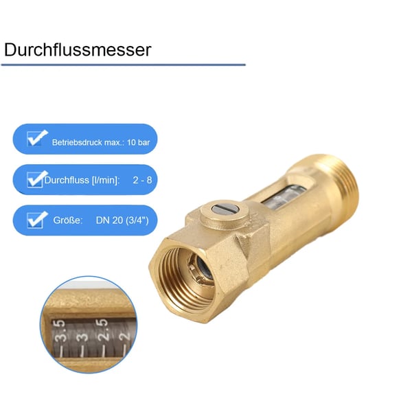 Virtausbalanssiventtiili, messinki, DN 20 (3/4"), 2-8 l/min virtausnopeus, 10 bar painearvo, -20°C - +110°C lämpötila-alue
