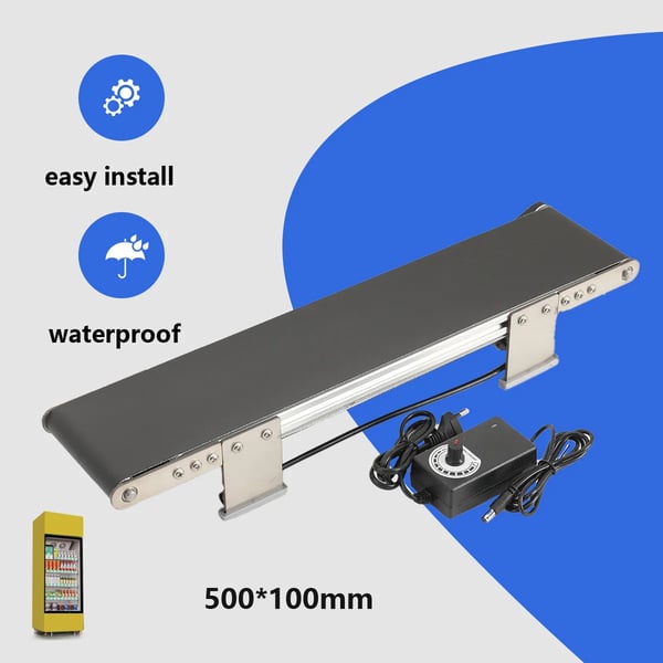 Transportbånd, Aluminiumlegering Krop, Rustfrit Stål Beslag, 490 mm Længde, 100 mm Bredde, AC 100-240V Indgang