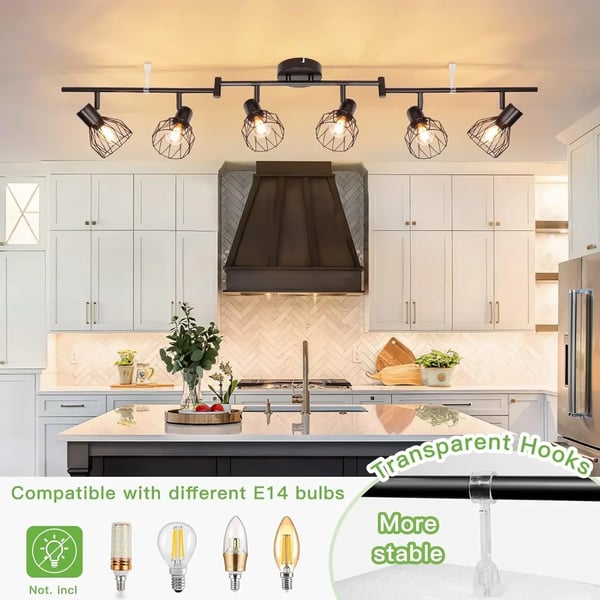 E14 Loftlampe, 6 Justerbare Hoveder, Elegant Sort Finish,Ingen pære, sort