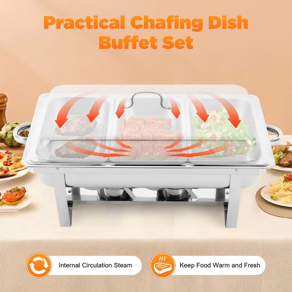 Chafing Dish Buffet Sæt, 3 Rum Design, Nem at Rengøre,3 Gitter