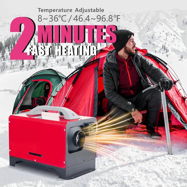 Dieselvarmer, 5000W effekt, 12V kompatibilitet, hurtig opvarmning, kompakt design, fjernbetjening inkluderet