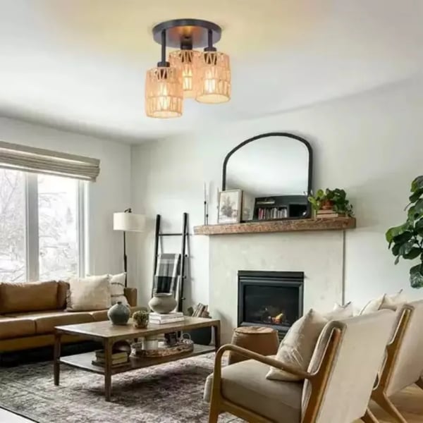 Håndlavet Rattan Loftlampe, Vævet Hamp Design, E27 Sokkel, 3 Lyskilder,Ingen pære