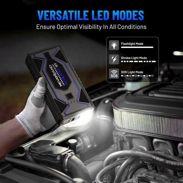 Jump Starter, 6500A Peak Strøm, Kompatibel med 6.0L Benzinmotorer, 150PSI Luftpumpe, Vandtæt Design, Taktisk LED Belysning