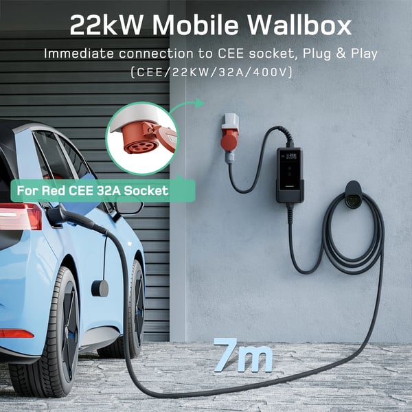 EV-lader, 22kW effektudgang, fleksible lademuligheder,Væghængt Ver. 7M, TYPE2