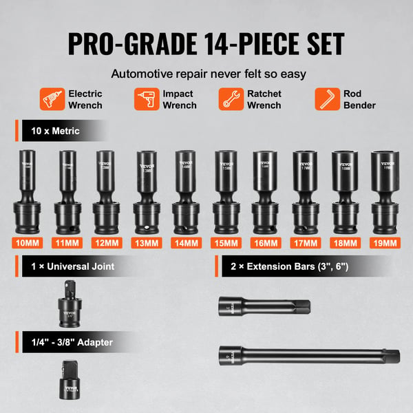 Impact Socket Set, 360 Grad Sväng, 14 Delar, CR-MO Legerat Stål,14st
