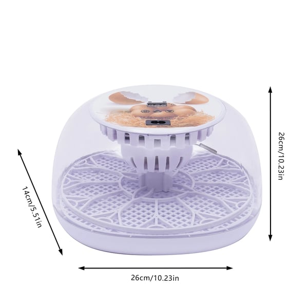Æg Inkubator, Kapacitet 12 Æg, Temperaturinterval 20-50℃, Effekt ≤35W, Dimensioner 26cm x 14cm x 26cm, Spænding AC 195-245V
