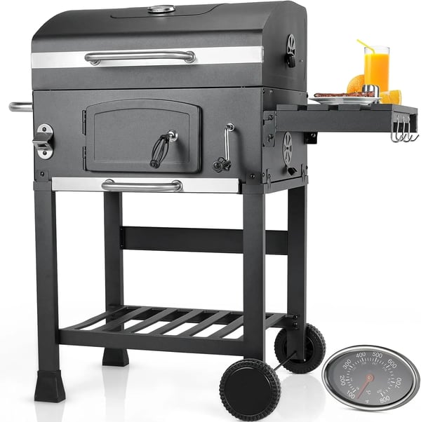 Kolgrillvagn, Grillgaller 57x42 cm, Värmeisolerad Grill 54x20 cm, Justerbar Ventilation 4, Inbyggd Termometer, Höjdjusterbar Kolskål