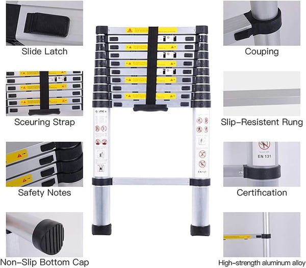 Teleskopstige, 3,2 m højde, 150 kg kapacitet, 11 trin, aluminiumslegering, letvægts 9,2 kg