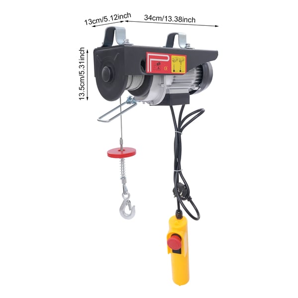 Elektrisk hejseværk, 550W effekt, 125kg belastningsevne, 18m ståltrådslængde, 220V spænding, 34*13*13.5cm størrelse