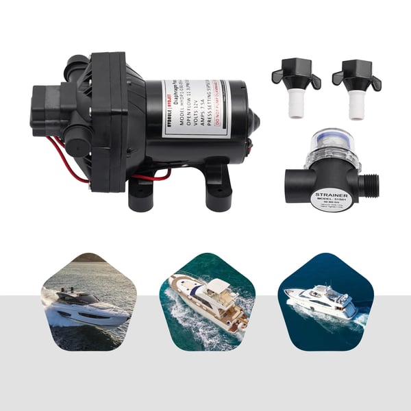 Vandpumpe, 12V, 3,0 GPM flowrate, 55 PSI maks. tryk, dimensioner 21,2 x 12,45 x 10,975 cm, støjniveau 60 dB