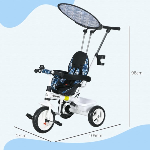 Trehjulig cykel, Justerbart tryckhandtag, Fällbar design,Blå