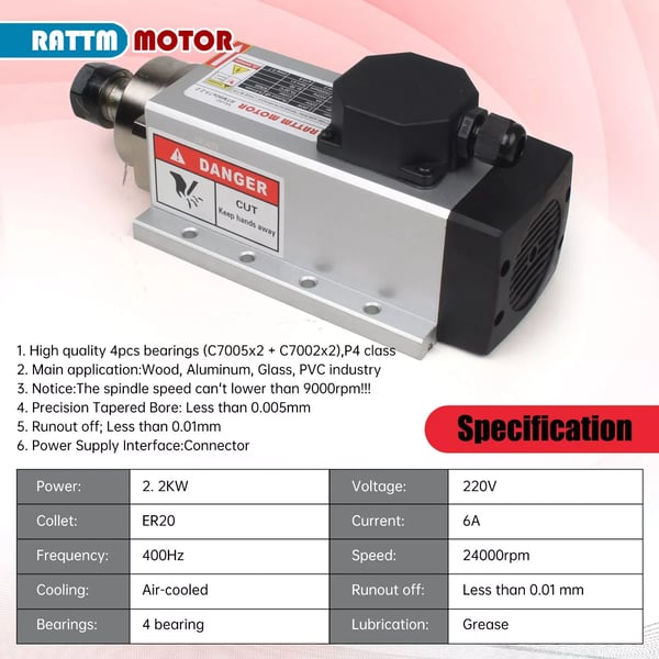 Spindelmotor, 2.2 kW Effekt, Luftkyld Design, 220V-220V Serie