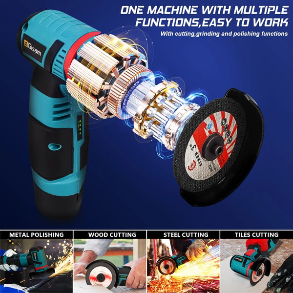Vinkelslip, Borstlös Motor, Justerbart Skydd,2 Batteri Set