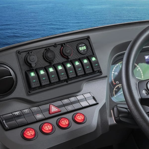 Marin Switch Panel, Dobbelt USB-porte, Voltmeter,grøn, 220V, 8 Gang
