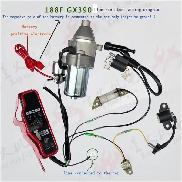 Elektrisk Start Kit, Kompatibel med GX340 11HK, GX390 13HK, Switch Box Dimensioner 17*5,5 cm, Svinghjul Diameter 20 cm, Brutto Vægt 8,65 kg