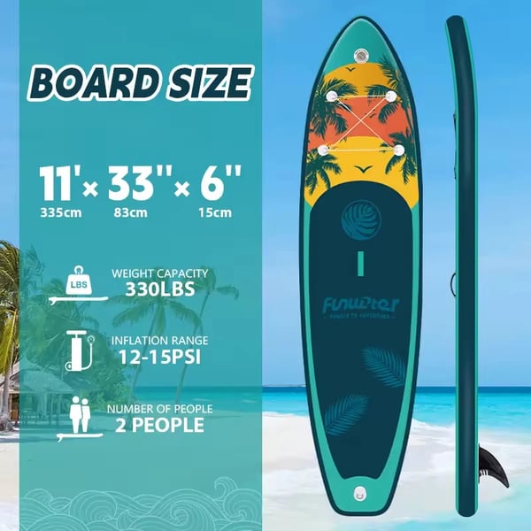 Stand-Up Paddleboard, PVC materiale, længde 10,5 fod, bredde 32 tommer, understøtter op til 330 lbs, skridsikker overflade