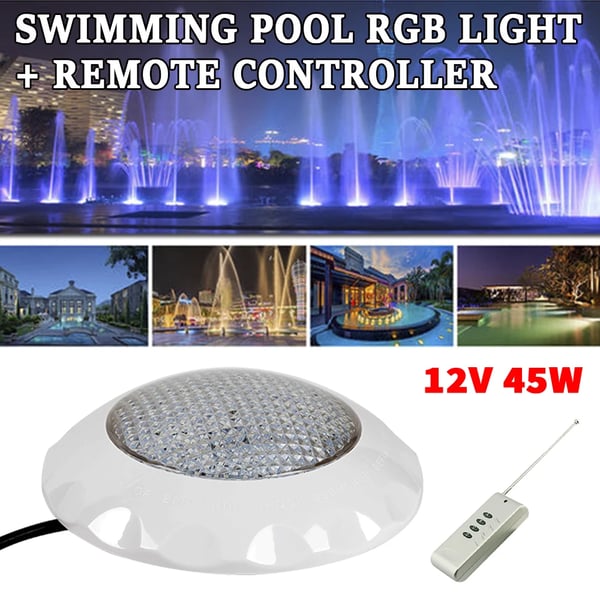 Svømmebassinlys, 45 Watt, 12 Volt, 3000 Lumen, RGB Lyskilde, Fjernbetjening
