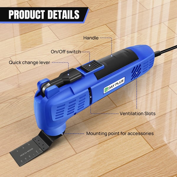 Oscillerende Multi Værktøj, 300W, 22000RPM, 6 Variable Hastigheder, 3° Oscillationsvinkel, 200cm Ledningslængde