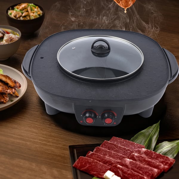 Elektrisk Hot Pot, 2-i-1 Grill, Røgsfri Design,sort