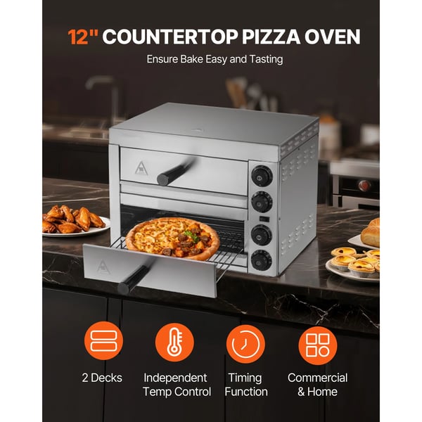 Elektrisk Pizzaovn, Bager pizzaer op til 12 tommer, Temperaturinterval: 50°C til 350°C, Timer: 0 til 120 minutter, Fire varme rør til jævn bagning