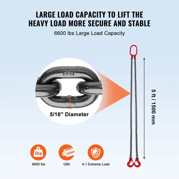 Heavy Duty Løfteslynge, 6.600 lbs Kapacitet,5ft 8mm