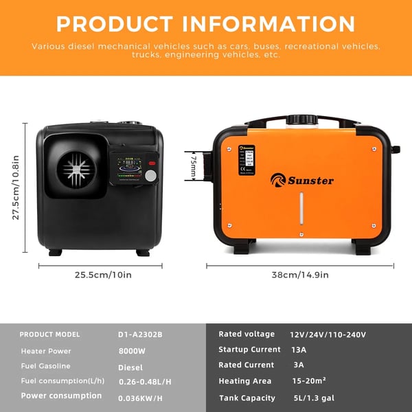 Dieselilma lämmittimen, 8 kW teho, Bluetooth-kaukosäädin,8KW
