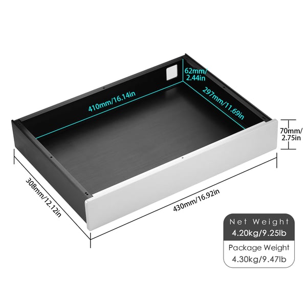 Äänikotelo, alumiiniseos, sisämitat 410mm x 297mm x 62mm, ulkomitat 430mm x 308mm x 70mm, nettopaino 4.2kg, helppo koota