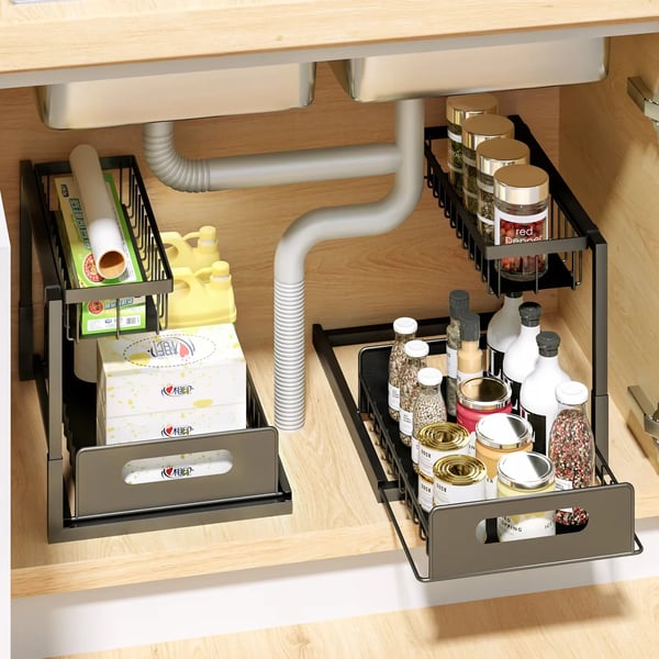 Under Sink Organizer, L-formet Design, Skydedrager Adgang,2-lags, sort