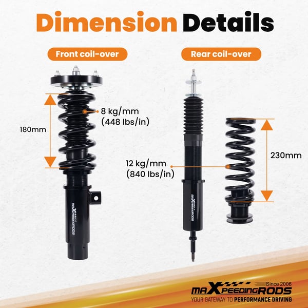 Coilovers, 24 niveauer justerbar dæmper, højdejusterbar 25-75 mm, varelængde 63 cm, varebredde 52 cm, varevægt 28 kg