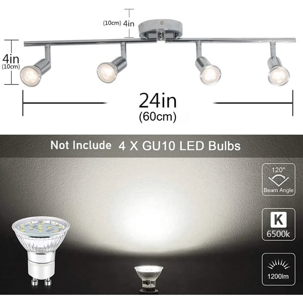 Loftlampe, 4-lys skinnesystem, LED spotlys,Krom, Ingen pære