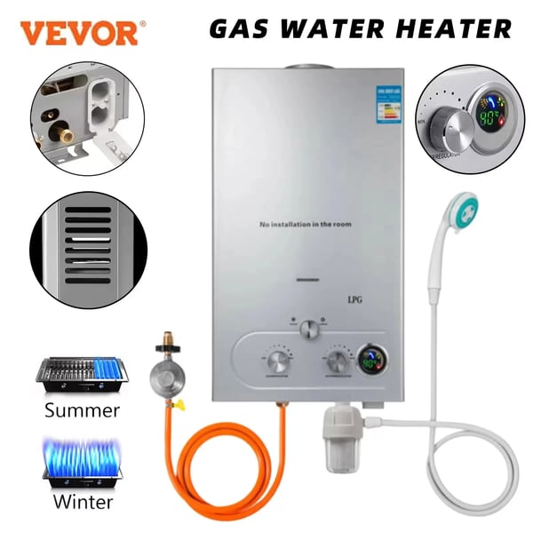 Tankless gasvandvarmer, 12L/min varmtvandsudgang, 24KW varmeeffekt,12L 24KW