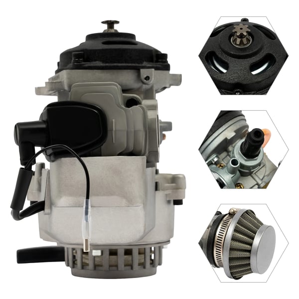 To-taktsmotor, 49cc slagvolumen, 3HK effekt, 12500 RPM, 0,32 gallons brændstoftank, holdbar konstruktion