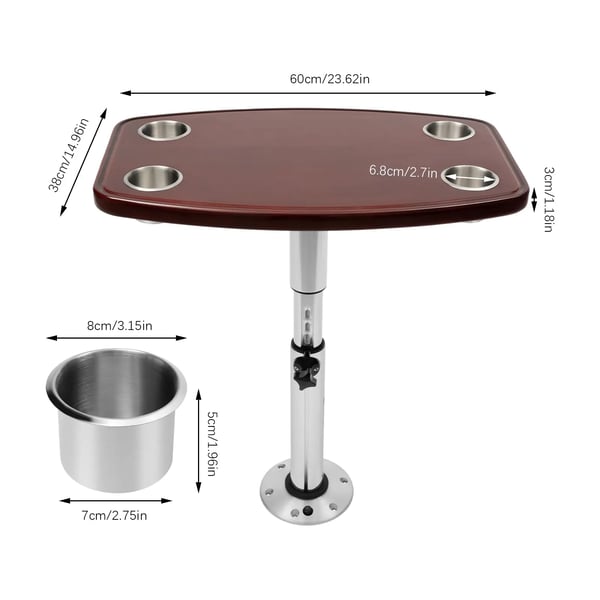 RV Bord, Lakeret Eg, 600mm x 380mm, Justerbar Højde, 4 Kop Holdere, Firkantet Design