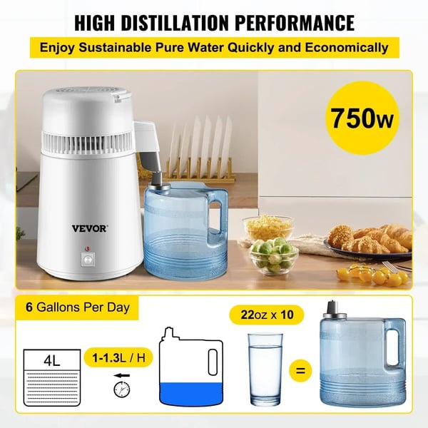 Vanddestillator, 750W Effekt, 4L Kapacitet, 1.2-2 L/H Destillationshastighed, FDA Godkendt, Pladsbesparende Design