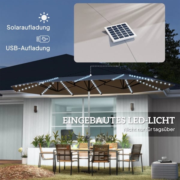 Dobbelt Parasol, Sol LED Lygter, UV Beskyttelse,Mørk Grå