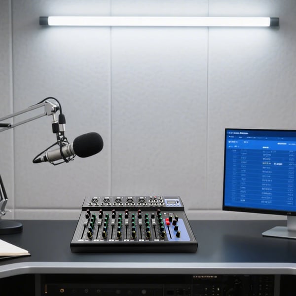 Lydmixer, 7 kanaler, tre-frekvens equalizer, realtids overvågning, indbyggede musikstile, holdbar metal konstruktion