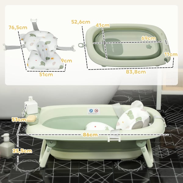 Babybadkar, vikbar design, enkelt dräneringssystem, grön