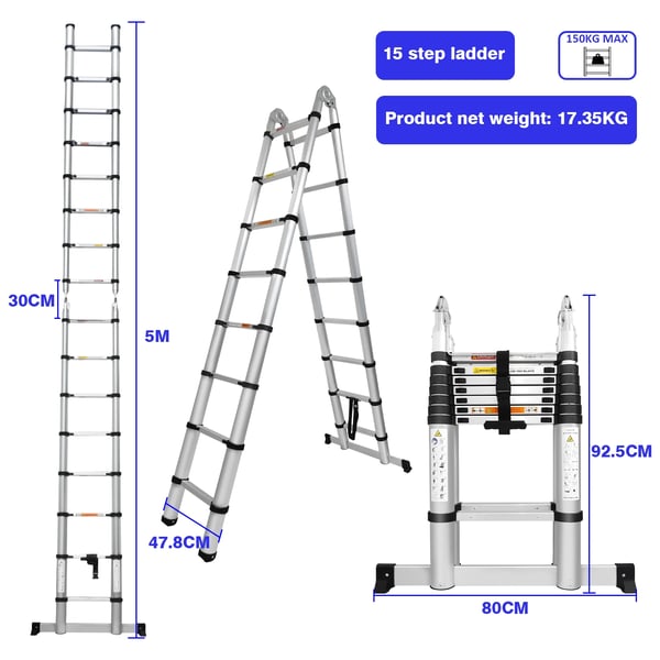 Teleskopstige, Vertikal længde 5m, Maksimal belastning 150kg, Trinantal 15, Aluminiumlegering konstruktion, Trinafstand 30cm